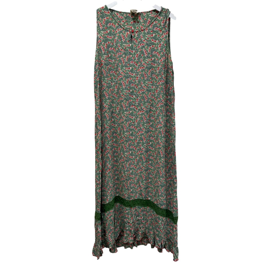 Vtg‎ April Cornell Dress Womens XL Green Floral Rayon Lace Trim Cottage Shabby